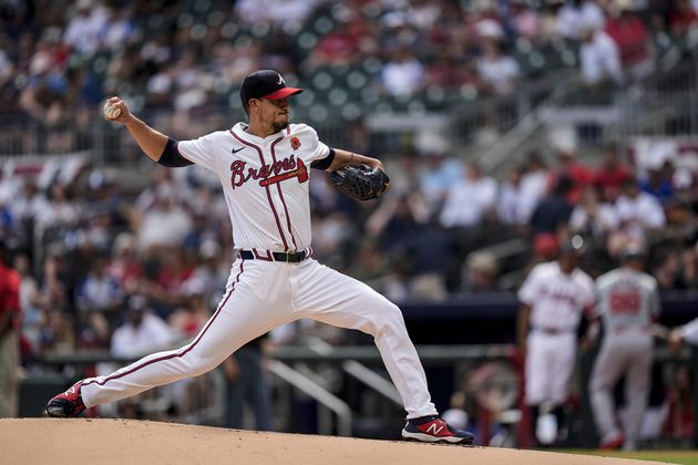 Atlanta Braves pitcher Charlie Morton (50) delivers against the Washington Nationals in the first inning of a baseball game, Monday, May 27, 2024, in Atlanta. The Braves fell 8-4. (AP Photo/Mike Stewart)