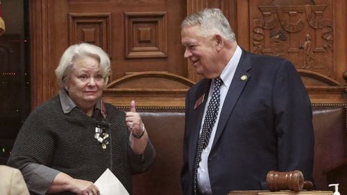 February 18, 2020 - Atlanta - Rep. Mary Margaret Oliver, D - Decatur, gives a thumbs up after conferring with house speaker David Ralston as the General Assembly returned for the 14th legislative day. Bob Andres / robert.andres@ajc.com