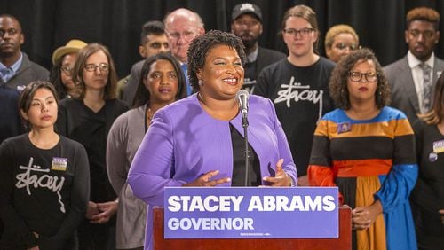Georgia Democratic candidate for governor Stacey Abrams makes remarks during a press conference at her campaign headquarters on November 16. (ALYSSA POINTER/ALYSSA.POINTER@AJC.COM)