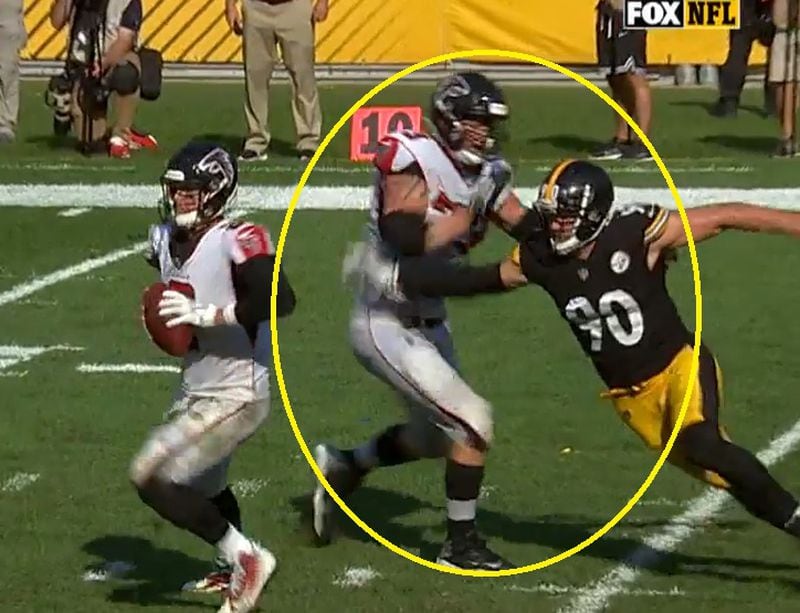 Here's Pittsburgh linebacker T.J. Watt getting around Falcons right tackle Ryan Schraeder for his third sack of the game. He stripped the ball from Matt Ryan, which led to a Steelers' touchdown.