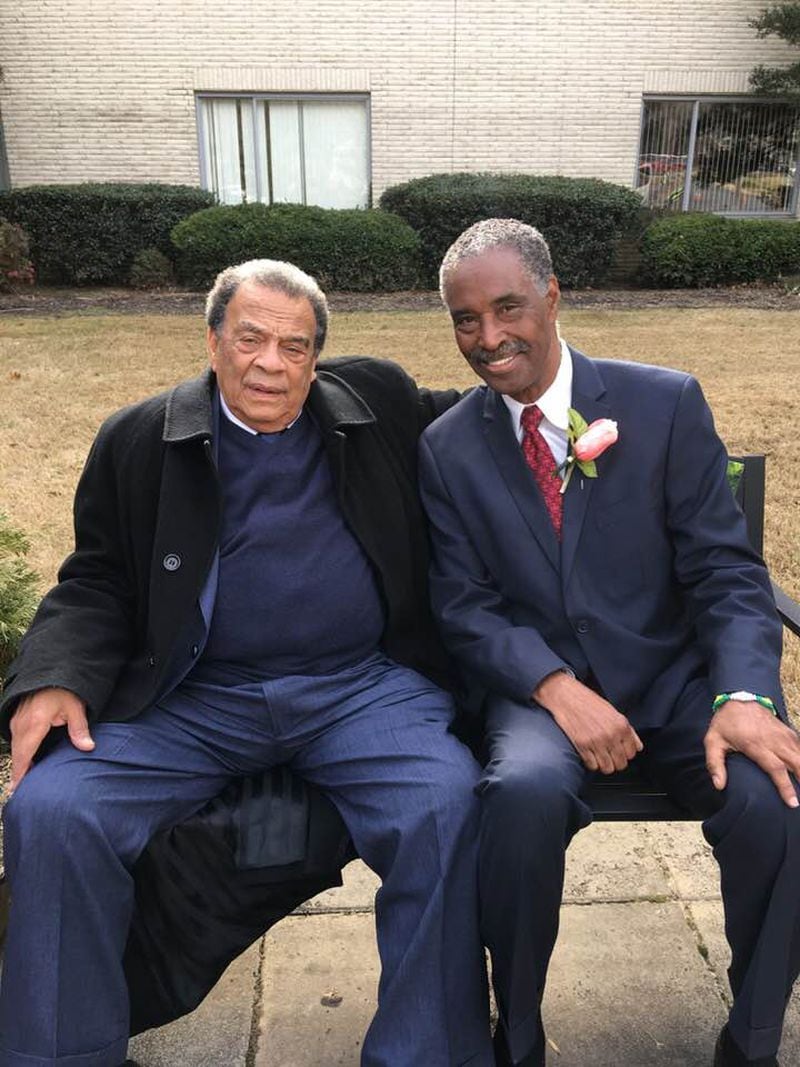  Roy Hobbs took a photo with former Atlanta mayor Andrew Young at Amanda Davis' funeral service last month. CREDIT: Facebook