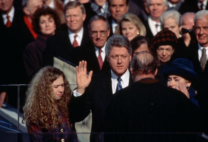 Supreme Court Justice William Reinquist gives oath at the inauguration of President Bill Clinton. (Photo by Leif Skoogfors/CORBIS/Corbis via Getty Images)