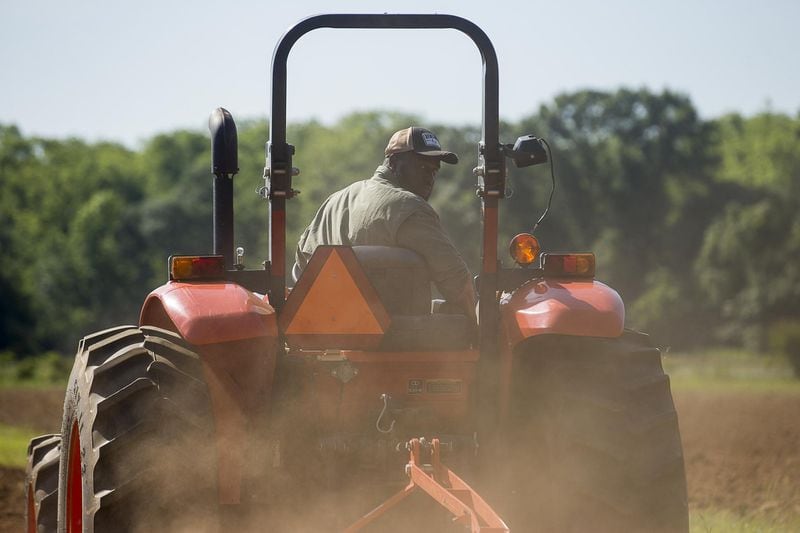 Organic Farmer Sedrick Rowe rides his tractor at his 10-acre organic farm in Albany. (ALYSSA POINTER/ALYSSA.POINTER@AJC.COM)