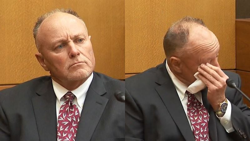 This composite image shows witness Jay Grover, vice president of Corey Enterprises, during his tesitmony at the murder trial of Tex McIver on March 23, 2018 at the Fulton County Courthouse. (Channel 2 Action News)