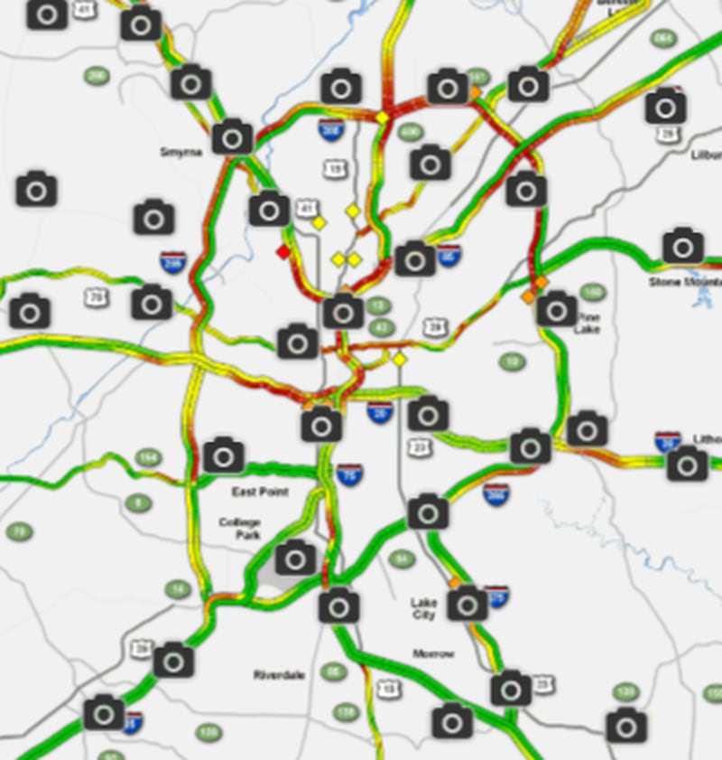 It’s 5 p.m., and the WSB 24-hour Traffic Center map looks pretty much the same as 2 p.m. when the storms were at their worst. This means interstates are still backed up.