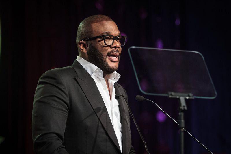 Tyler Perry talks to a large crowd gathered for the Candle In The Dark Gala, celebrating the 150th anniversary of Morehouse College, in Atlanta on  February 18, 2017. STEVE SCHAEFER / SPECIAL TO THE AJC
