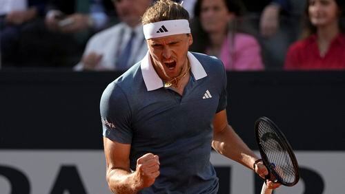 Alexander Zverev, of Germany, reacts after scoring a point against Nicolas Jarry, of Chile, during the Italian Open tennis tournament final match at Rome's Foro Italico, Sunday, May 19, 2024. (AP Photo/Alessandra Tarantino)