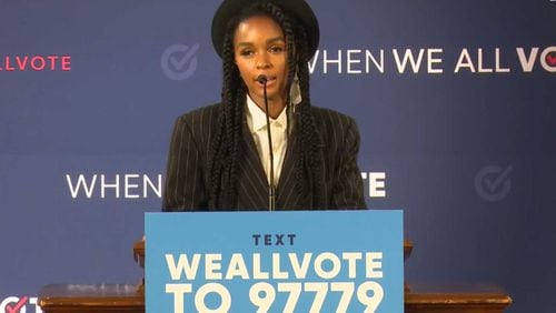 Singer/actress/activist Janelle Monae speaks at a rally at Spelman College on Thursday, Sept. 27, 2018 encouraging students to register and vote in this year's elections.