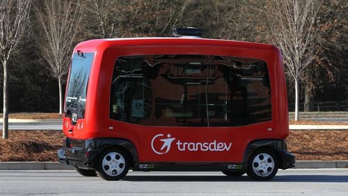 The EasyMile driverless vehicle shows off its tracking system on a programmed demo route in Austell on Thursday, January 26, 2017. (HENRY TAYLOR / HENRY.TAYLOR@AJC.COM)