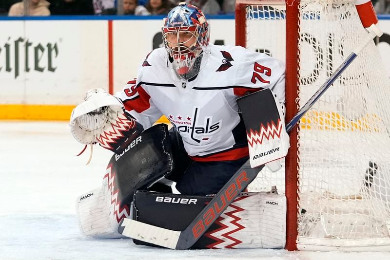 Washington Capitals goaltender Charlie Lindgren (79) protects the net during the second period in Game 2 of an NHL hockey Stanley Cup first-round playoff series against the New York Rangers, Tuesday, April 23, 2024, in New York. (AP Photo/Frank Franklin II)