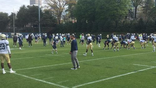 Georgia Tech spring practice on April 2, 2019. The team is scrimmaging in two groups, one in the foreground and the other in the background.