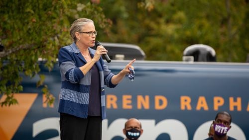 US congressional candidate Carolyn Bourdeaux speaks at the Get Out The Early Vote with Jon Ossoff, Rev. Raphael Warnock, Carolyn Bourdeaux, and the Biden Campaign at Shorty Howell Park in Duluth, Georgia, on Saturday, October 24, 2020. (Rebecca Wright for the Atlanta Journal-Constitution) 