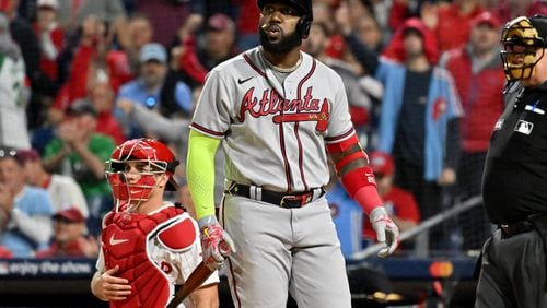 Atlanta Braves designated hitter Marcell Ozuna (20) strikes out against the Philadelphia Phillies during the ninth inning of game three of the National League Division Series at Citizens Bank Park in Philadelphia on Friday, October 14, 2022. (Hyosub Shin / Hyosub.Shin@ajc.com)