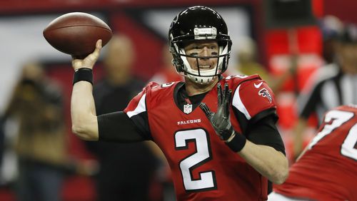 FILE - In this Jan. 1, 2017, file photo, Atlanta Falcons quarterback Matt Ryan (2) works against the New Orleans Saints during the first half of an NFL football game, in Atlanta. The Falcons next game is in the divisional playoffs on Sunday, Jan. 15. (AP Photo/John Bazemore)