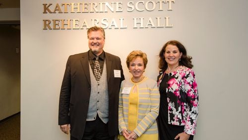 From left,  Kennesaw State University School of Music director Stephen Plate, Katherine Scott, and College of the Arts Dean Patty Poulter. PHOTO CREDIT: KENNESAW STATE UNIVERSITY