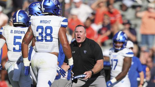Georgia State head coach Shawn Elliott reacts after the defense stops Auburn on a drive during the first half of an NCAA college football game Saturday, Sept. 25, 2021, in Auburn, Ala. (AP Photo/Butch Dill)