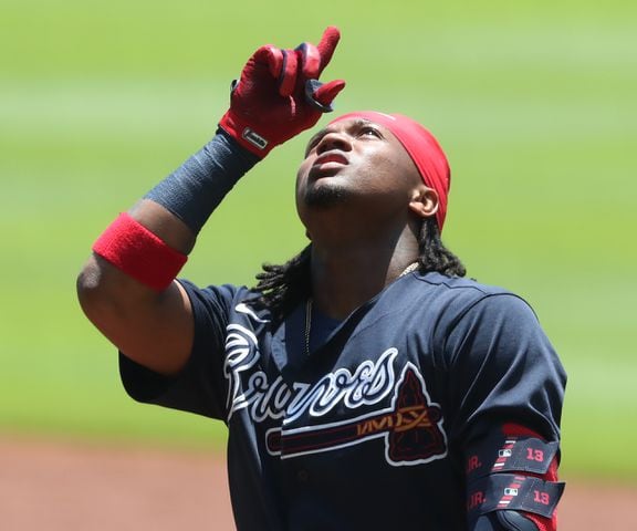 Ronald Acuna reacts after ripping a single during the first inning.   Curtis Compton ccompton@ajc.com