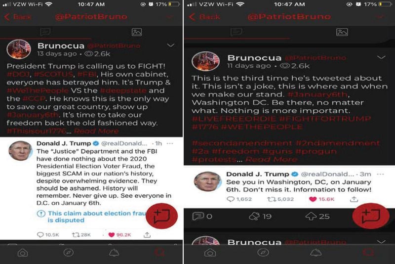 The FBI's criminal complaint against 18-year-old Bruno Cua includes these social media posts, where Cua says that he is movitated by President Trump to "fight" on Jan. 6 and "take our freedom back the old fashioned way."