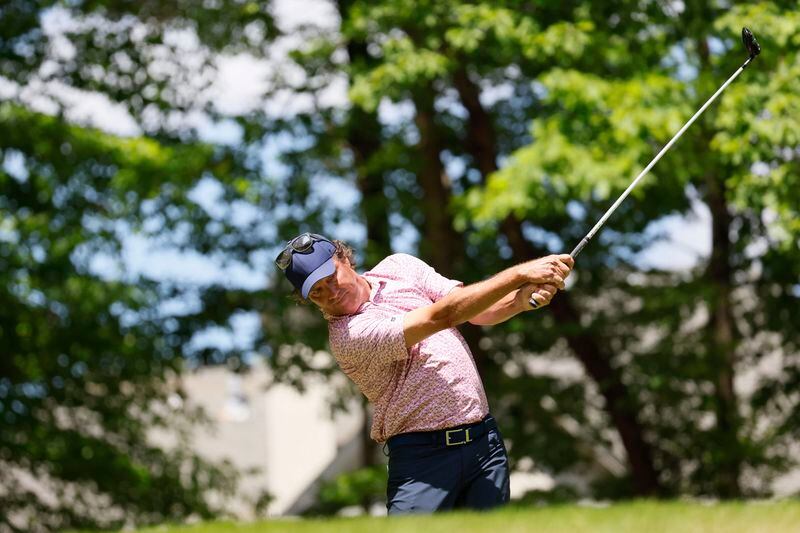 Stephen Ames tees off on the third hole during the final round of the Mitsubishi Classic senior golf tournament at TPC Sugarloaf, on Sunday, April 28, 2024, in Duluth, Ga. (Miguel Martinez/Atlanta Journal-Constitution via AP)