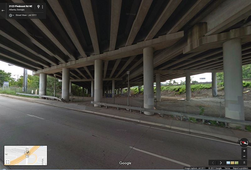 JULY 2011: This image from Google Maps Street View shows the underneath of I-85 where the interstate passes over Piedmont Road, looking to the northeast. (Google Maps Street View)