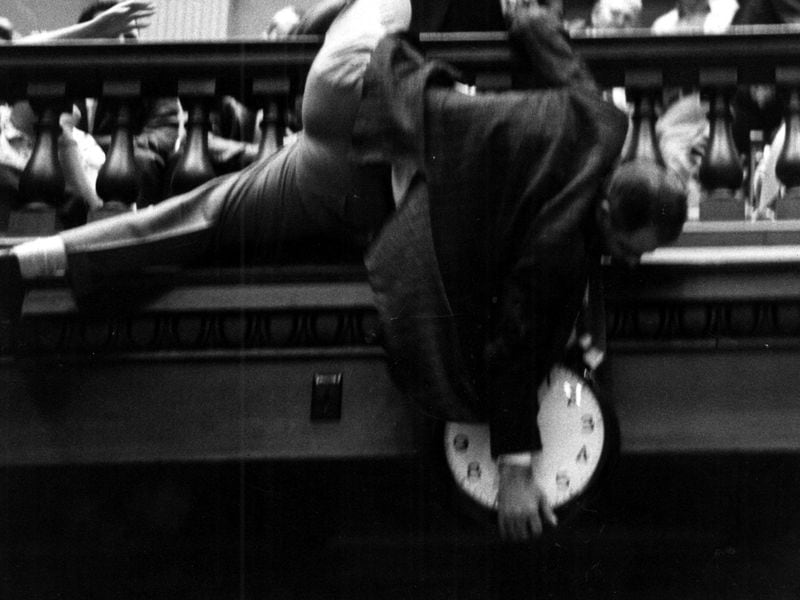 In 1964, state Rep. Denmark Groover, D-Macon, nearly fell over the state House railing trying to adjust the hands of the clock to keep it from reaching the mandatory hour of adjournment on the last day of the legislative session.