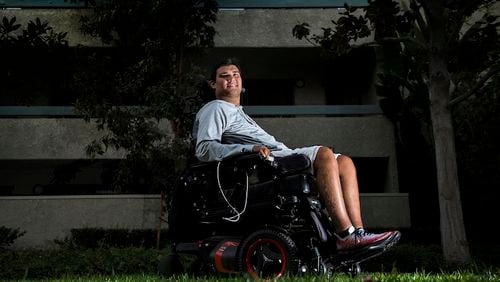 Jack Jablonski, a former hockey player who was paralyzed after a hit during a high school championship hockey game in 2011, now works for the Los Angeles Kings and attends USC. He's photographed on Nov. 30. 2017 in Los Angeles, Calif. (Gina Ferazzi/Los Angeles Times/TNS)