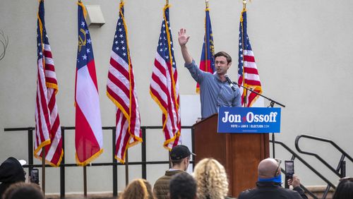 Georgia Senate Democrat candidate Jon Ossoff waves to the crowd at a rally outside of Grace Community Christian Church in Kennesaw, on Dec. 3, 2020.  (Alyssa Pointer / Alyssa.Pointer@ajc.com)