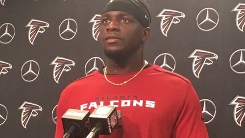 Falcons wide receiver Mohamed Sanu talking to the media on Tuesday, May 9, 2017. (D. Orlando Ledbetter/dledbetter@ajc.com)