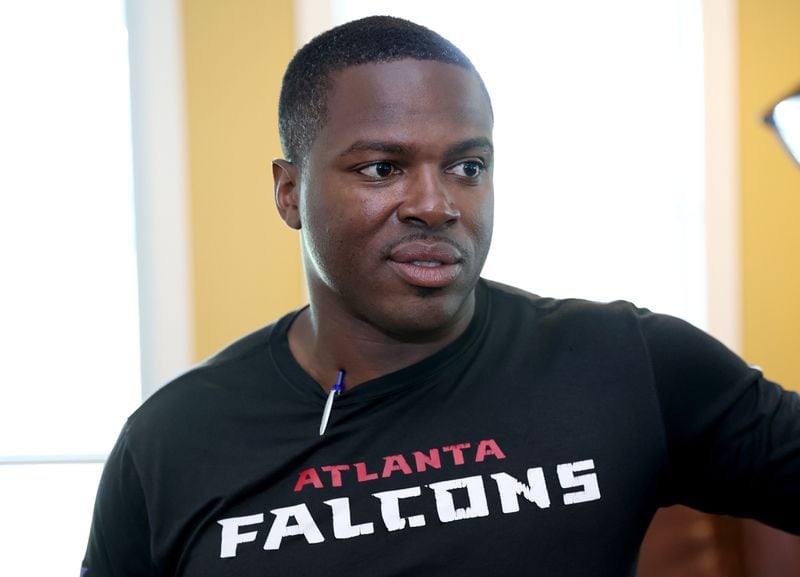 Defensive assistant Lanier Goethie, in his second season with the Falcons after coaching 12 years on the collegiate level, will stand in for Ted Monachino. (Jason Getz / Jason.Getz@ajc.com)