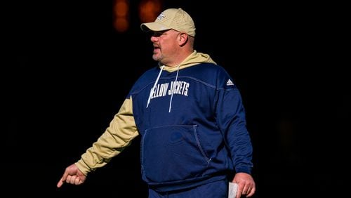 Georgia Tech linebackers coach Kevin Sherrer at the Yellow Jackets' spring practice in March 2023. (Danny Karnik/Georgia Tech Athletics)