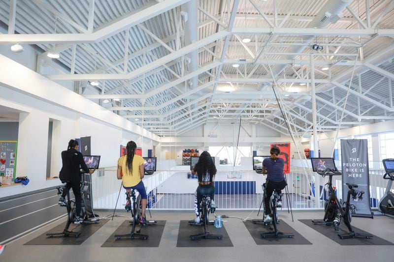 Students exercise on Peloton bikes at The Wellness Center at Read Hall on the campus of Spelman College in Atlanta on Wednesday, April 19, 2023.  (Natrice Miller/natrice.miller@ajc.com)