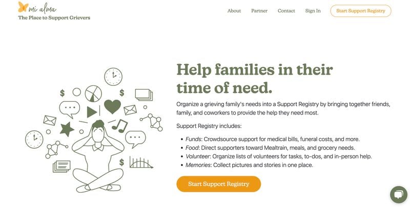 Mi Alma's homepage lists all the ways to help grieving families.