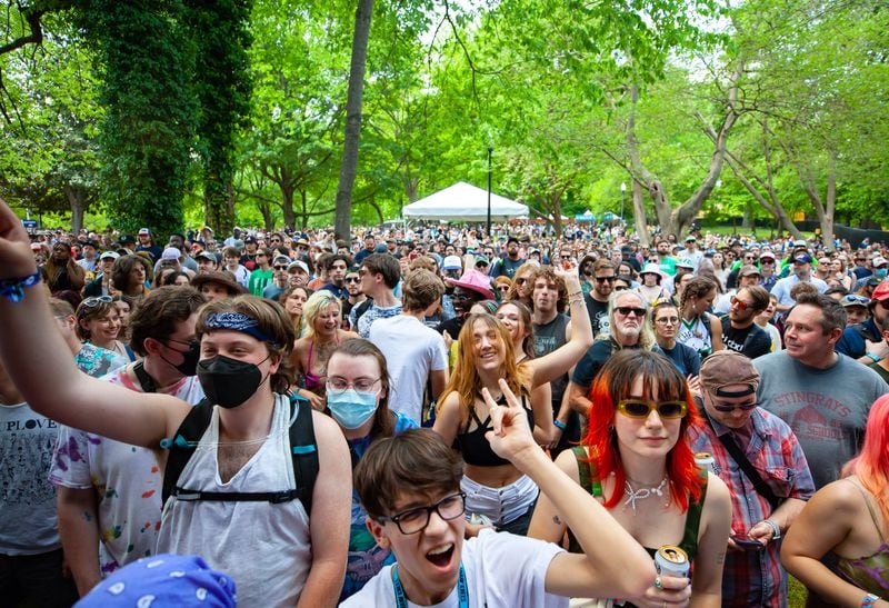 Fans enjoy the performance by Acid Dad on the first day of this year's Shaky Knees Festival on Friday afternoon, April 29, 2022. (Photo by Ryan Fleisher for The Atlanta Journal-Constitution)