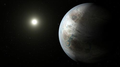 This artist's concept depicts one possible appearance of the planet Kepler-452b, the first near-Earth-size world to be found in the habitable zone of a star that is similar to our sun. (NASA/JPL-Caltech/T. Pyle)