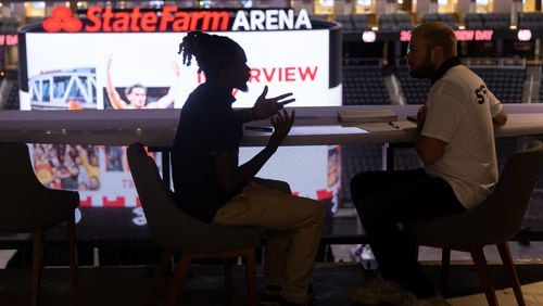 Interviewer John Champion (right) talks with Jarius Bloodser during the Hawks' inaugural "Interview Day" event at State Farm Arena on September 10, 2022. (Photo: Steve Schaefer/steve.schaefer@ajc.com)