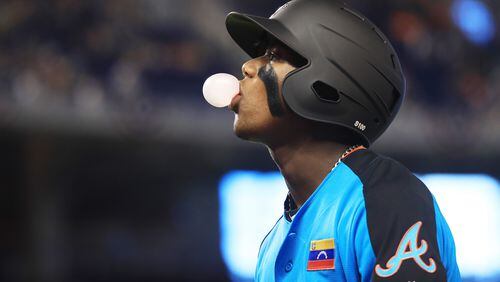 MIAMI, FL - JULY 09:  Ronald Acuna #24 of the Atlanta Braves and the World Team looks on against the U.S. Team during the SiriusXM All-Star Futures Game at Marlins Park on July 9, 2017 in Miami, Florida.  (Photo by Mike Ehrmann/Getty Images)