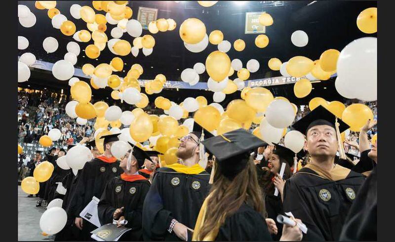 Georgia Tech students watch as balloons fall during its 2019 commencement ceremony. PHOTO CONTRIBUTED.