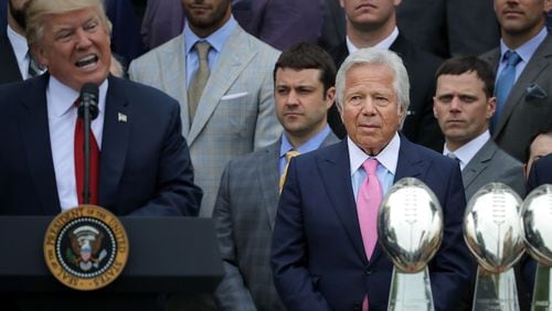 WASHINGTON, DC - APRIL 19: New England Patriots owner Robert Kraft (C) listens to U.S. President Donald Trump deliver remarks during an event celebrating the team's Super Bowl win on the South Lawn at the White House April 19, 2017 in Washington, DC. It was the team's fifth Super Bowl victory since 1960. (Photo by Chip Somodevilla/Getty Images)