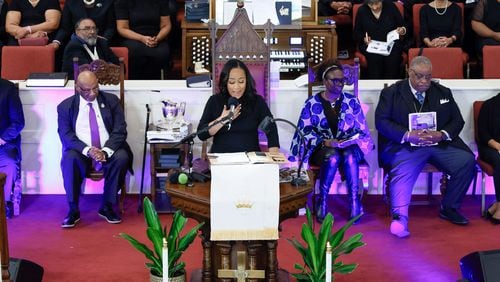 Fulton County District Attorney Fani Willis delivers remarks at Big Bethel AME Church during a special tribute honoring Rev. Martin Luther King Jr. on Sunday, Jan. 14, 2024.
Miguel Martinez /miguel.martinezjimenez@ajc.com