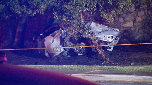 An 18-year-old driver was killed late Sunday in a fiery, single-car crash in DeKalb County. (Credit: Channel 2 Action News)