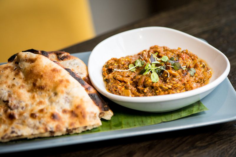 You’ll want to use the venison kheema bread to scoop up the smoked aubergine with charred onion, fenugreek and cilantro at Amara. CONTRIBUTED BY MIA YAKEL
