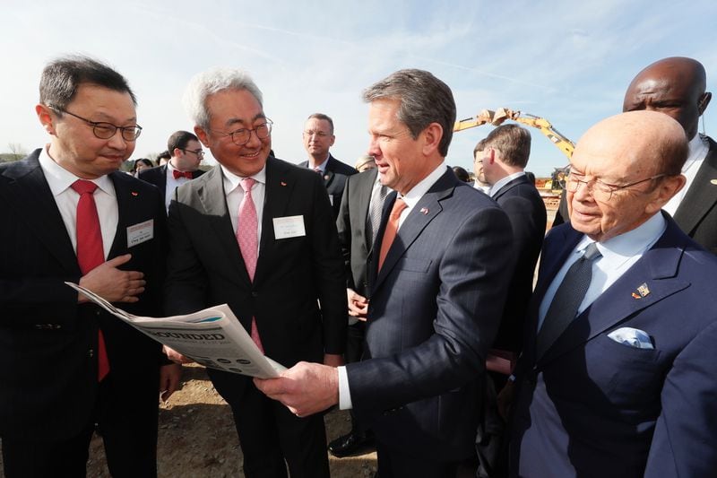 Gov. Brian Kemp meets with top officials of SK Innovation as they break ground on a new plant in Jackson County. “We’re excited about the ability of this great company to continue to grow, with great jobs not only now but into the future,” Kemp said. Photo: Bob Andres/Atlanta Journal-Constitution