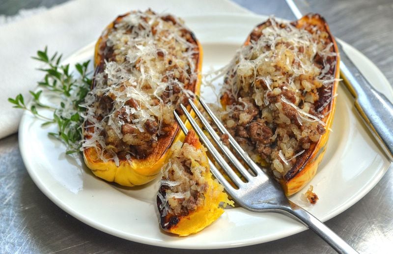 Stuffed Delicata Squash with Beef, Rice Grits and Manchego Cheese is a recipe from PeachDish culinary director Seth Freedman STYLING BY WENDELL BROCK. CONTRIBUTED BY CHRIS HUNT