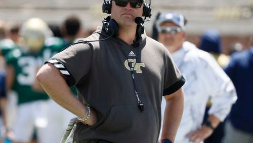 Georgia Tech coach Brent Key keeps an eye on the action during the White and Gold game at Bobby Dodd Stadium at Hyundai Field In Atlanta on Saturday, April 13, 2024.   (Bob Andres for the Atlanta Journal Constitution)