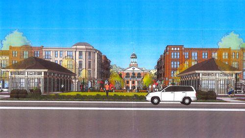Artist’s rendering depicts two “jewel box” buildings flanking a view of Alpharetta City Hall and the Town Green at City Center, the downtown redevelopment. CITY OF ALPHARETTA