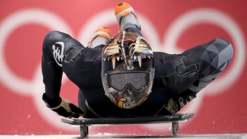 PYEONGCHANG-GUN, SOUTH KOREA - FEBRUARY 07: Akwasi Frimpong of Ghana practices during Men's Skeleton training ahead of the PyeongChang 2018 Winter Olympic Games at the Olympic Sliding Centre on February 7, 2018 in Pyeongchang-gun, South Korea.  (Photo by Matthias Hangst/Getty Images)