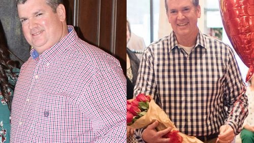 Jim Aycock weighed 274 pounds in the photo on the left, taken in November 2016. In the photo on the right, taken in February, he weighed 207 pounds. He’s now down to 204 pounds. (Before photo contributed by Jim Aycock; after photo contributed by KVC Photography, www.kvcphotography.com).