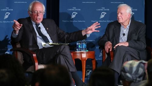 Sen. Bernie Sanders and former President Jimmy Carter discuss human rights during the Human Rights Defenders Forum at the Carter Center on Monday, May 8, 2017, in Atlanta.  Curtis Compton/ccompton@ajc.com