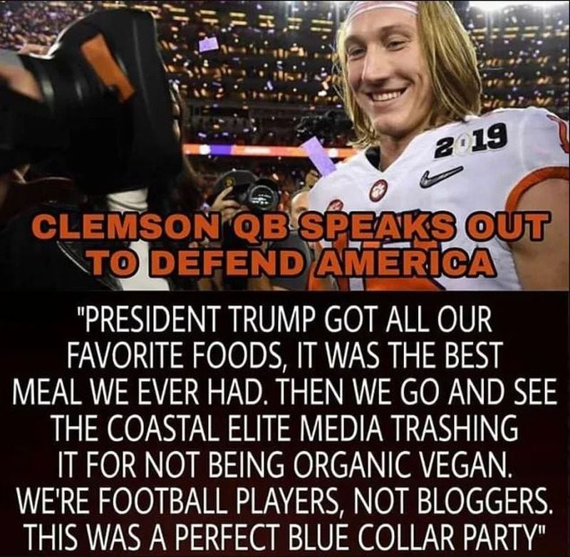 Clemson quarterback Trevor Lawrence says this quote in a widely circulated meme is fake.