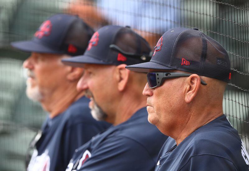 Braves pitching coach Rick Kranitz (left), bench coach Walt Weiss (center) and manager Brian Snitker think the team hasn't even scratched the surface of what it is capable of this season. (Curtis Compton / Curtis.Compton@ajc.com)